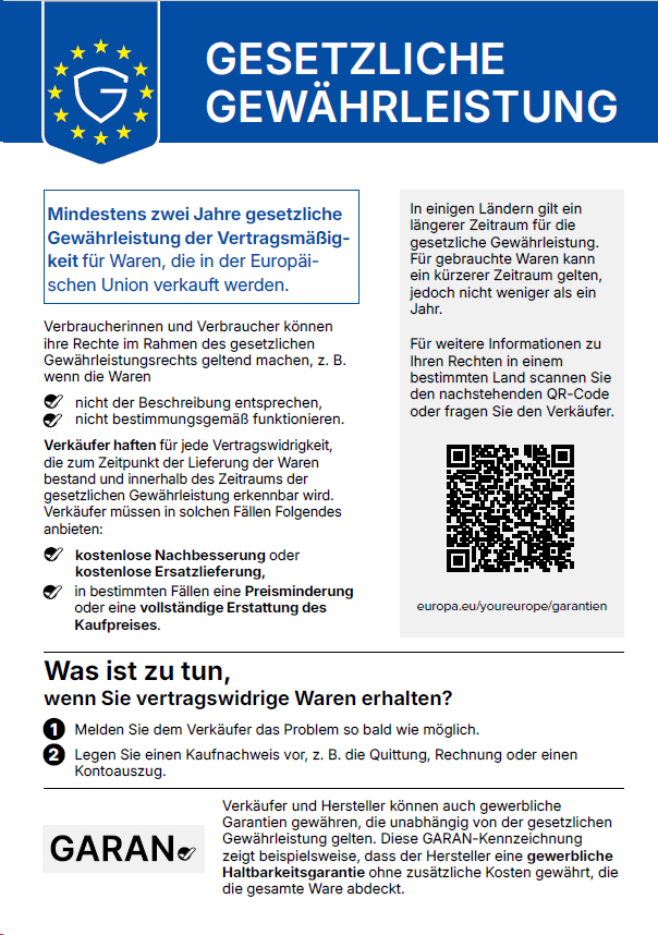 Harmonisierte Mitteilung der EU über die gesetzliche Gewährleistung: mindestens zwei Jahre gesetzliche Gewährleistung auf Waren.